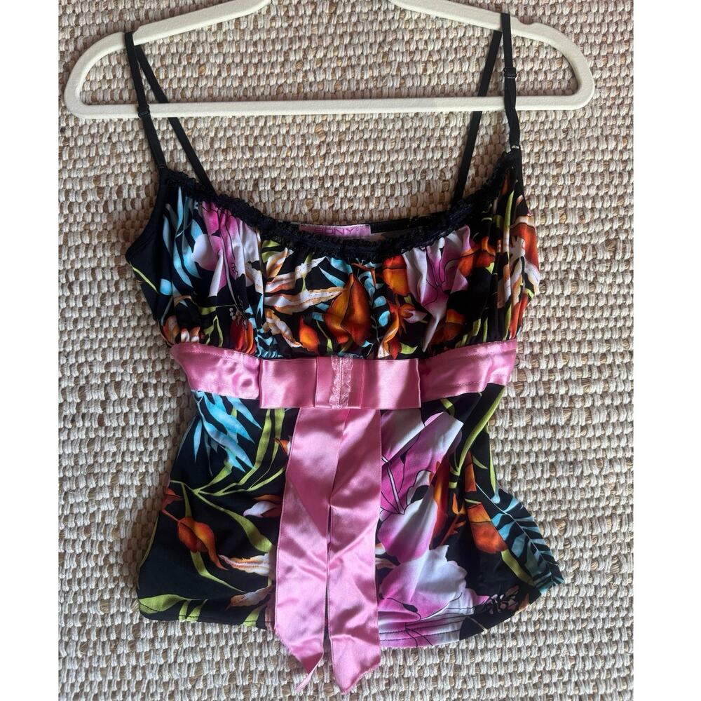 VTG Bony Paris Tropical Floral Cami Top Pink Satin Bow Trim Y2K Coquette Euro